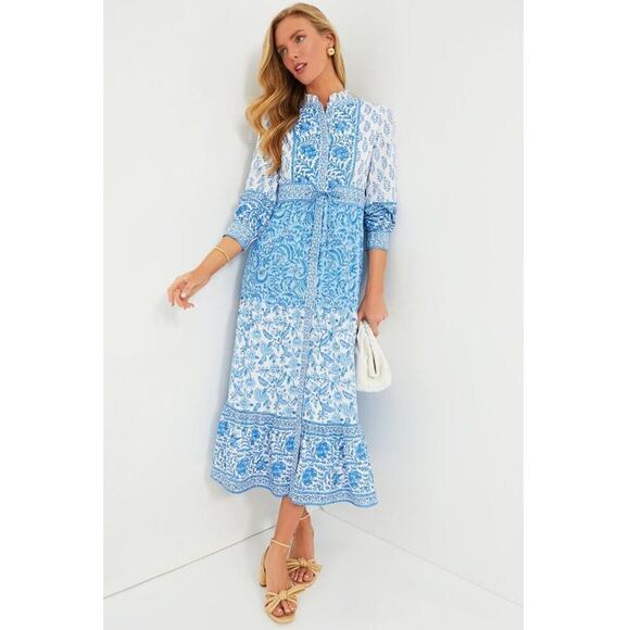 Pink City Prints Tuckernuck Blue Ocean Mix Gemma Block Print Midi Shirt Dress - Picture 4 of 16